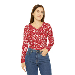 Valentine's Day Pattern Women's Long Sleeve V-neck Shirt (AOP)