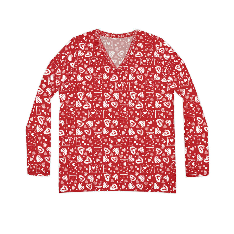 Valentine's Day Pattern Women's Long Sleeve V-neck Shirt (AOP)